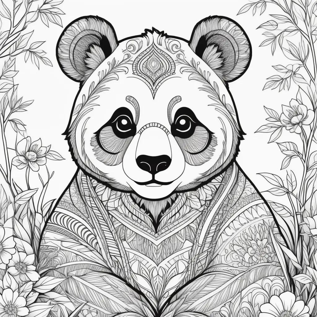 black and white coloring page of a panda bear with decorative elements