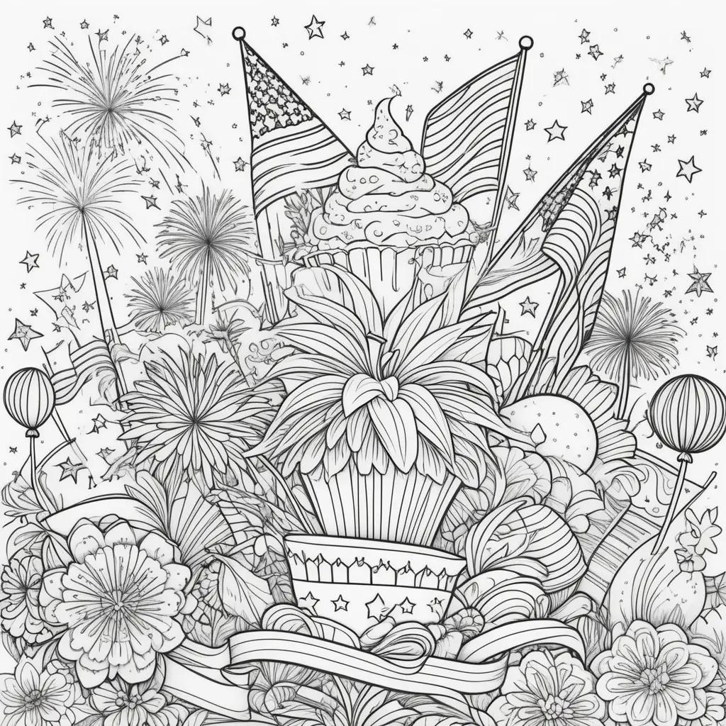 black and white coloring page of a patriotic scene, including flags, cupcakes, and flowers