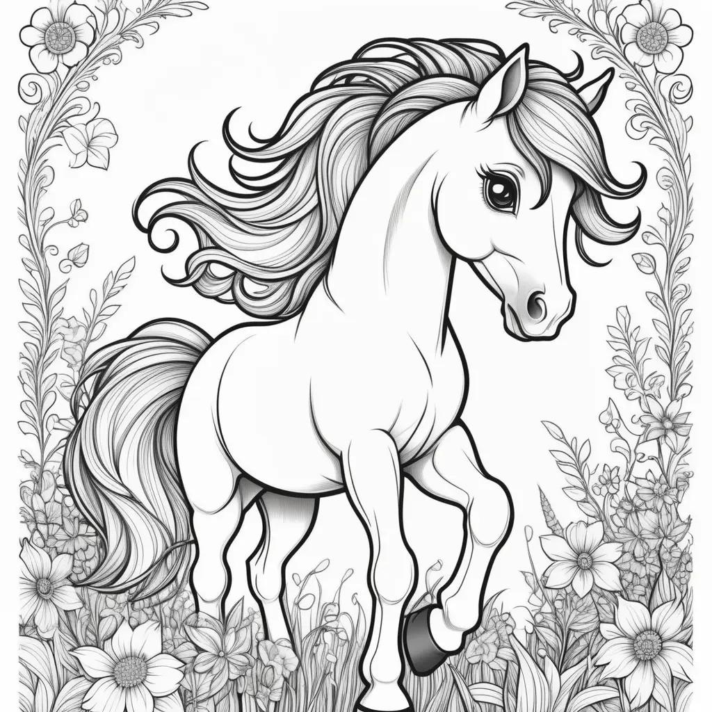 black and white coloring page of a ponies with a flower background