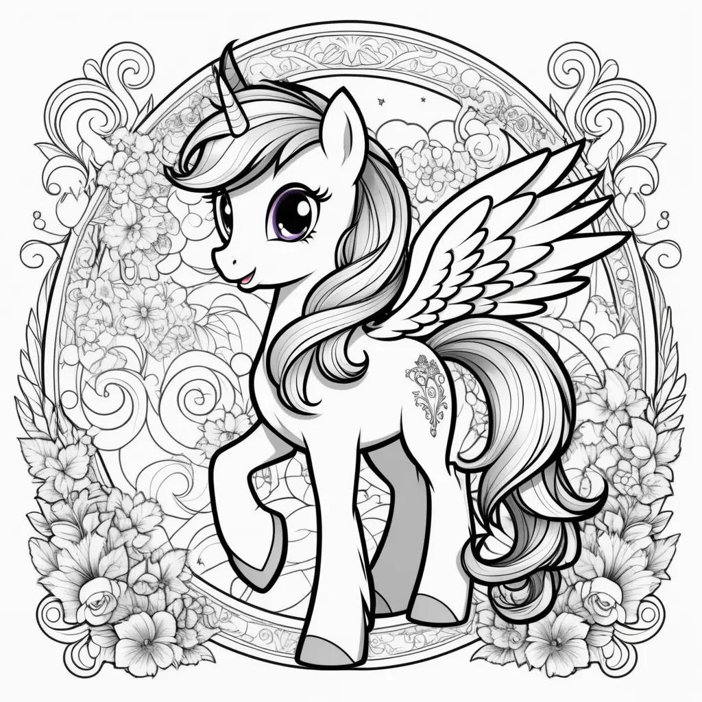 black and white coloring page of a pony with wings