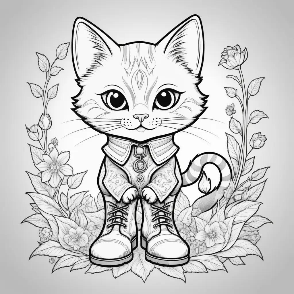 black and white coloring page of a puss in boots