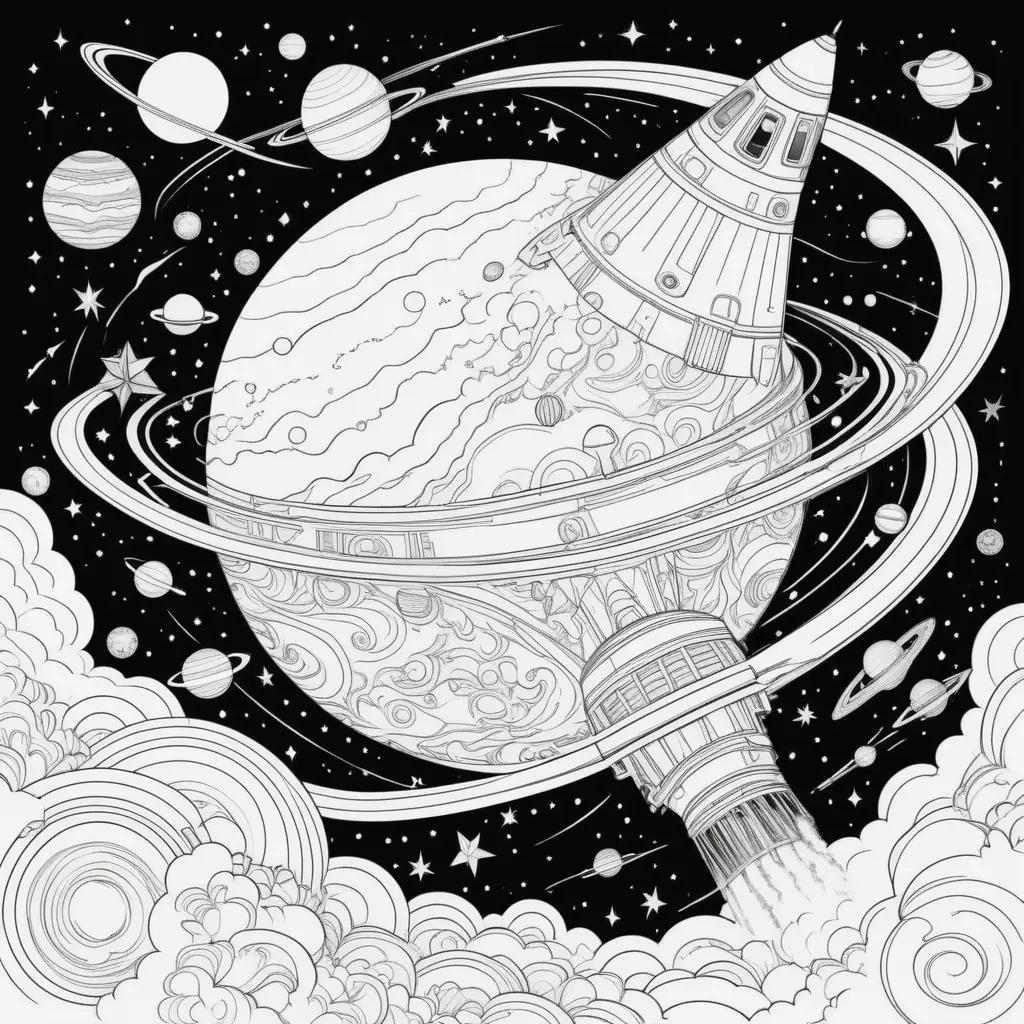 black and white coloring page of a rocket ship in space