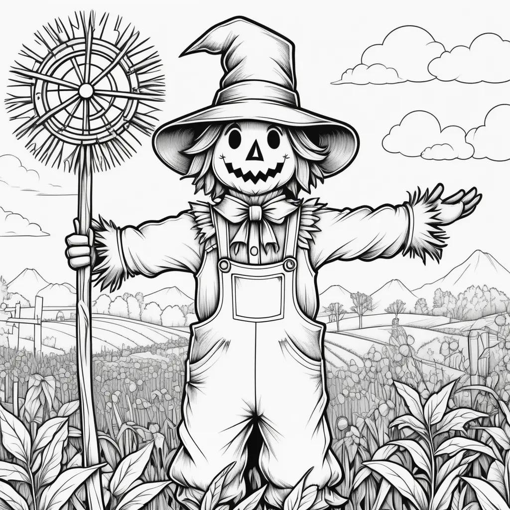 black and white coloring page of a scarecrow in a field