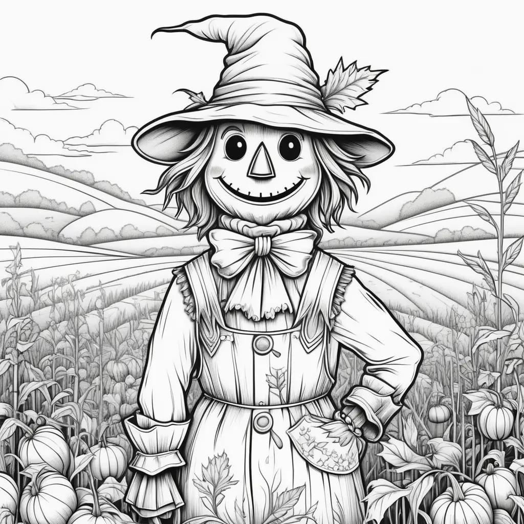 black and white coloring page of a scarecrow in a field of pumpkins