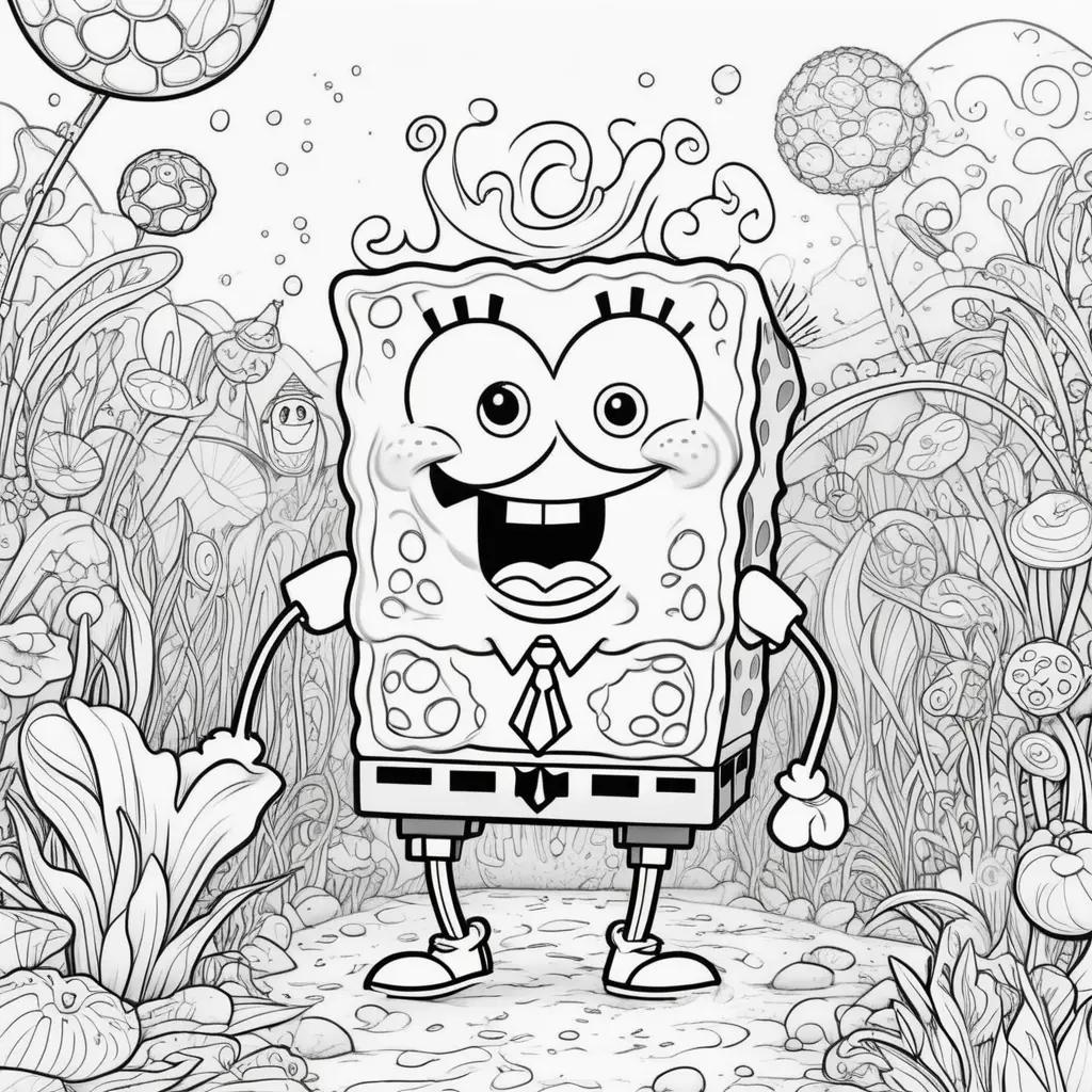 black and white coloring page of a smiling SpongeBob