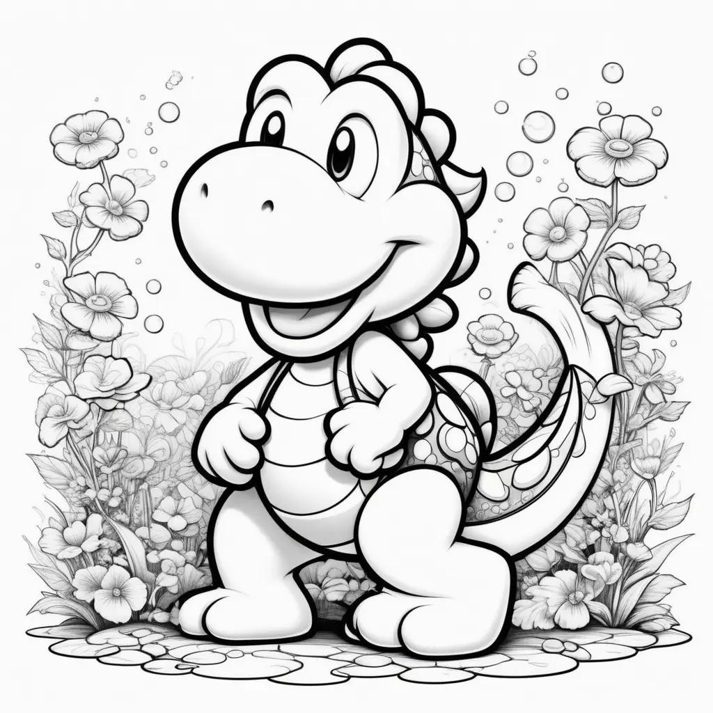 black and white coloring page of a smiling Yoshi