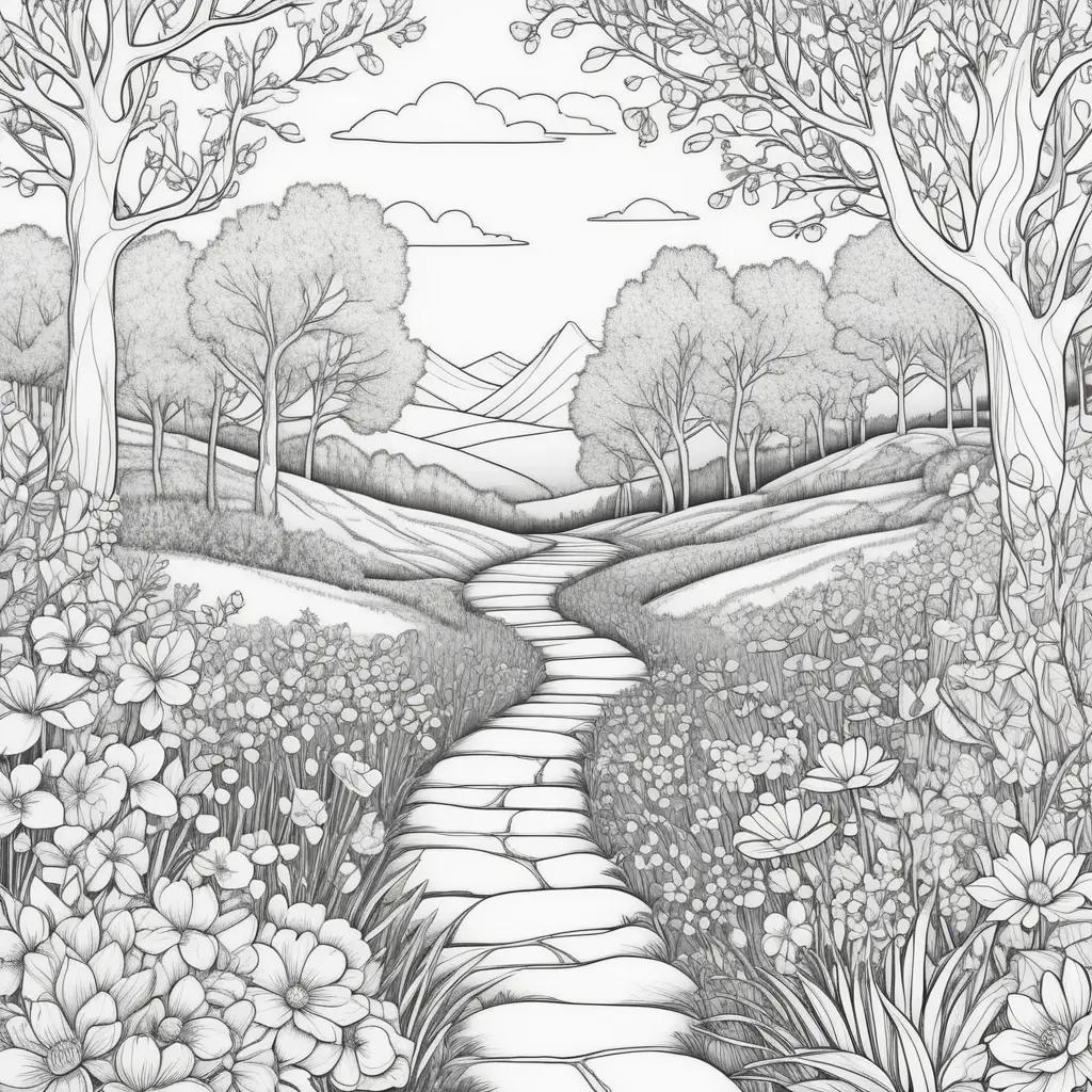 black and white coloring page of a spring landscape with a path