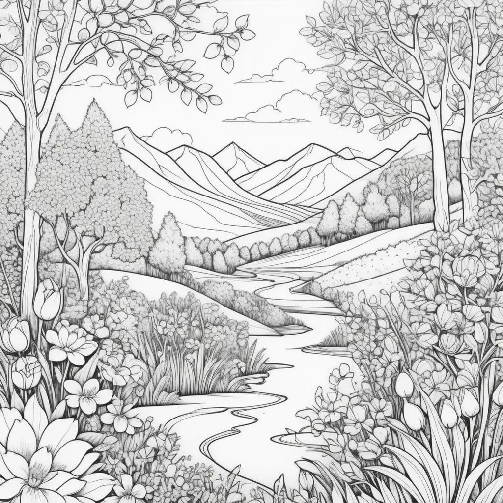 black and white coloring page of a spring scene with flowers and trees