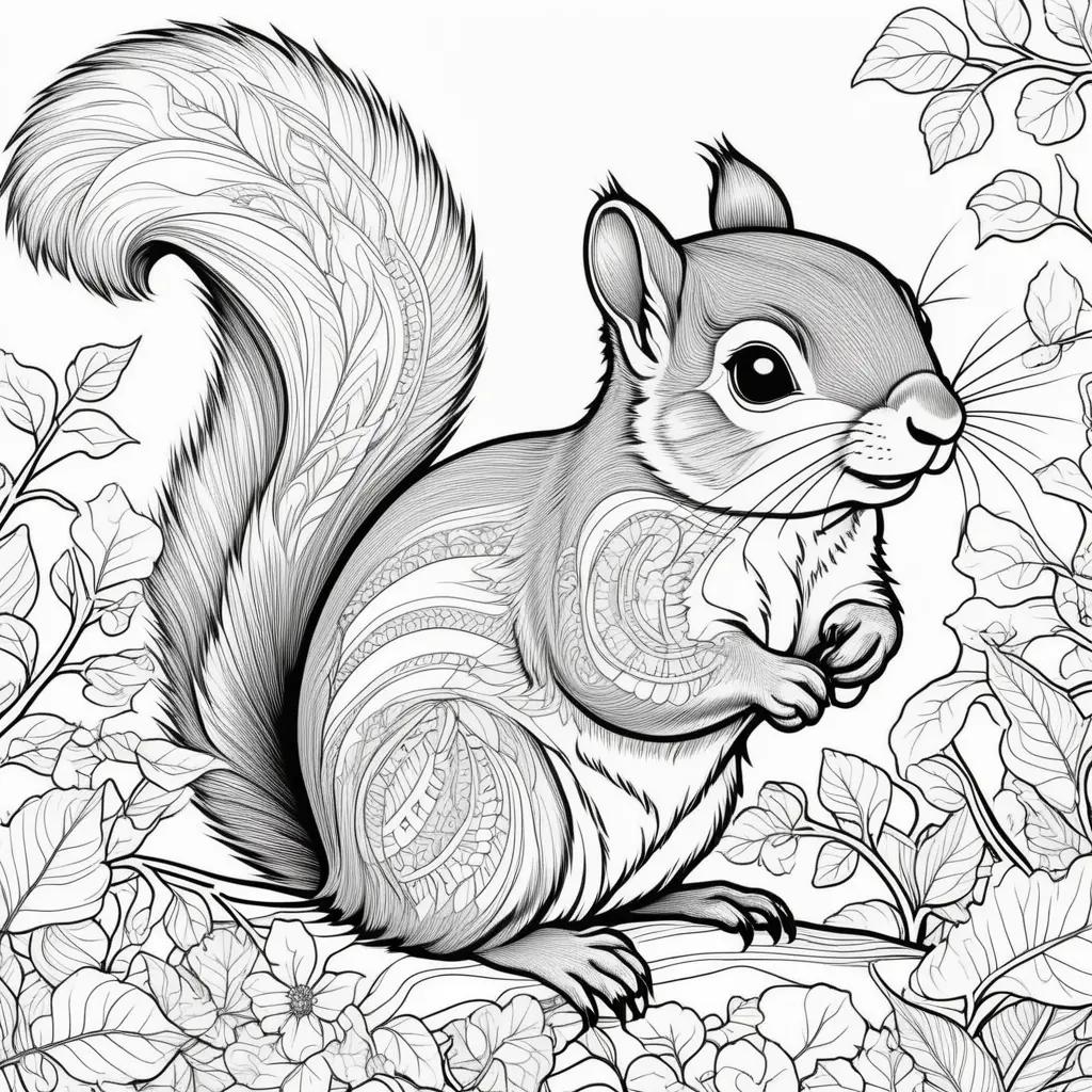 black and white coloring page of a squirrel