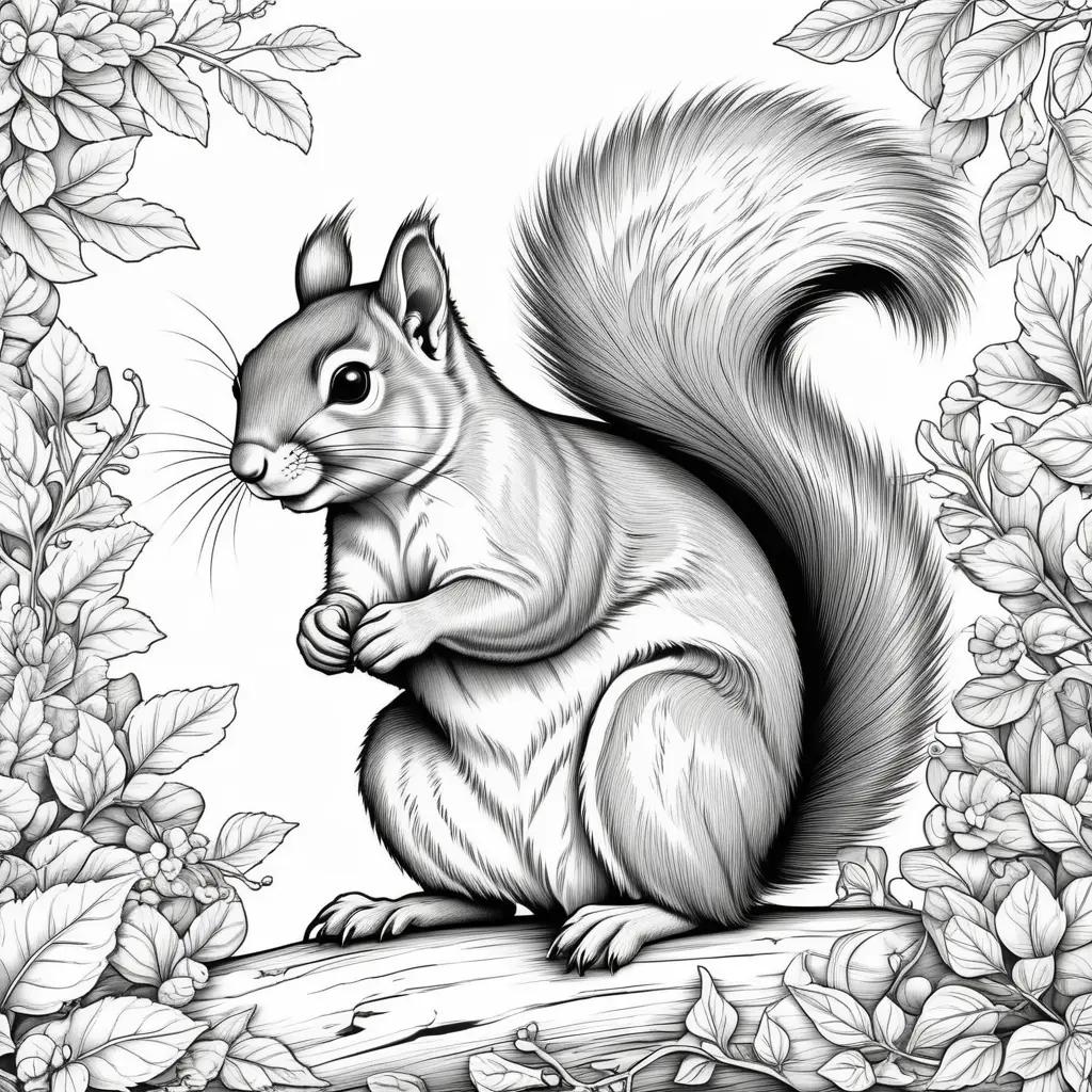 black and white coloring page of a squirrel