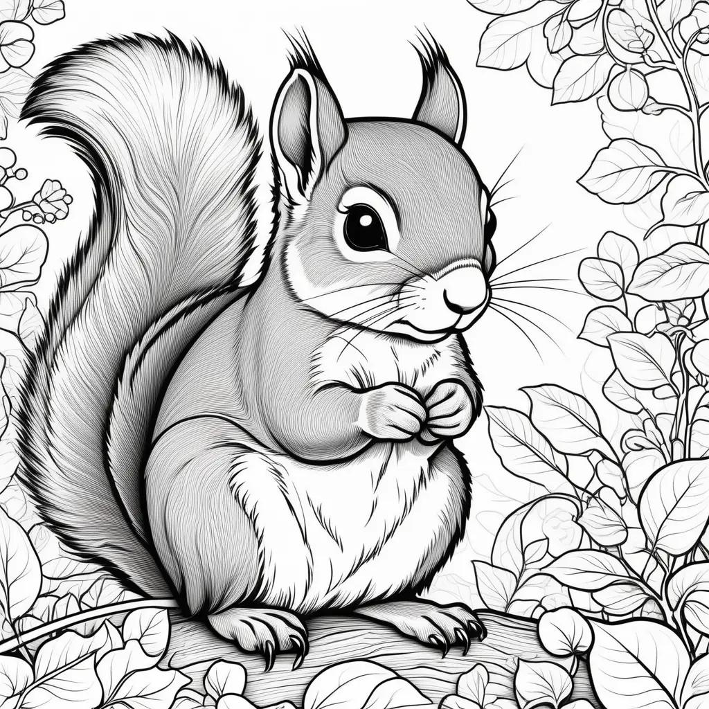 black and white coloring page of a squirrel on a branch