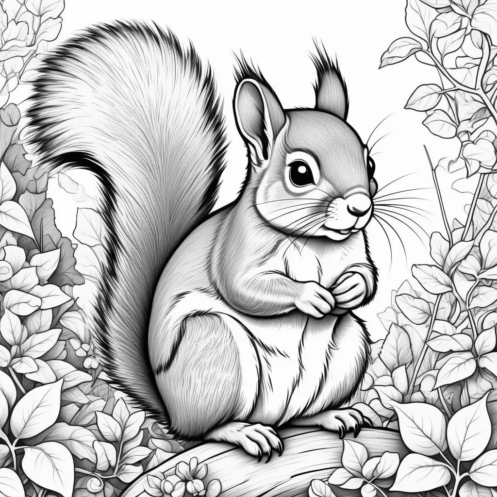 black and white coloring page of a squirrel on a tree branch