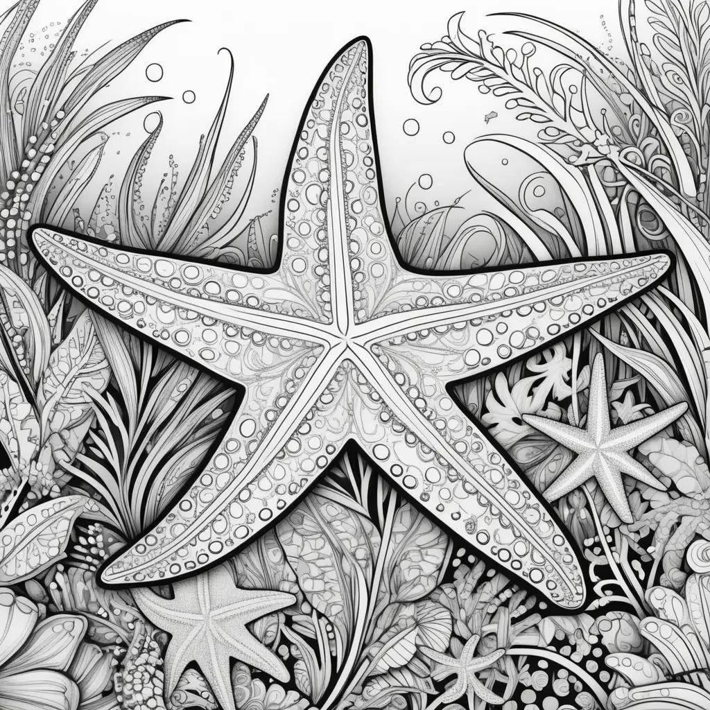 black and white coloring page of a starfish and sea plants