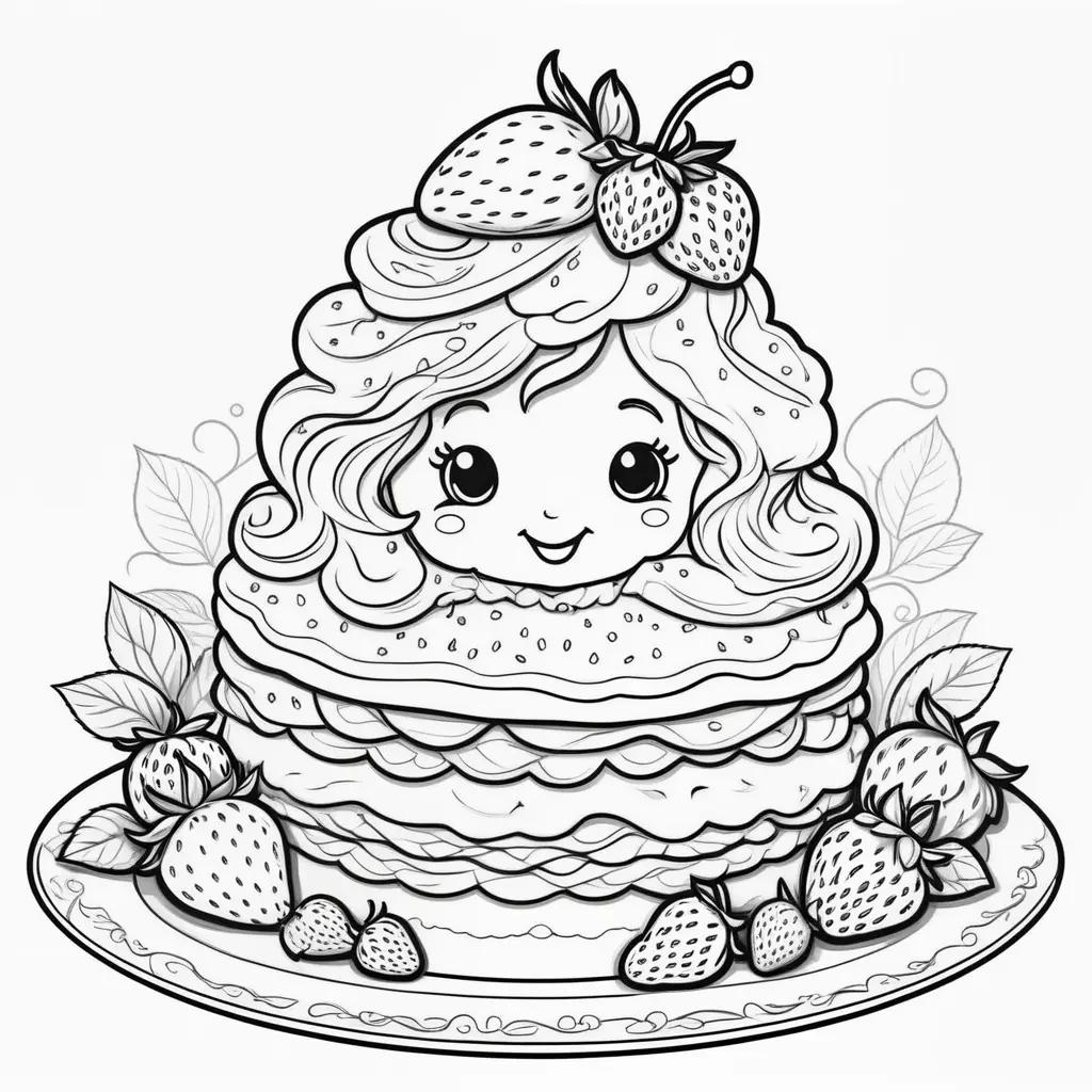 black and white coloring page of a strawberry shortcake