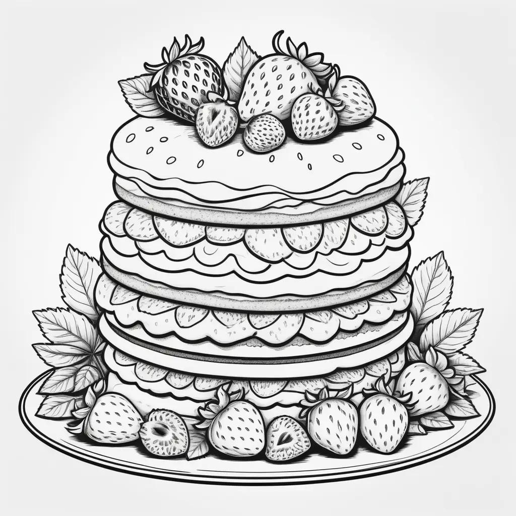 black and white coloring page of a strawberry shortcake cake with strawberries on top