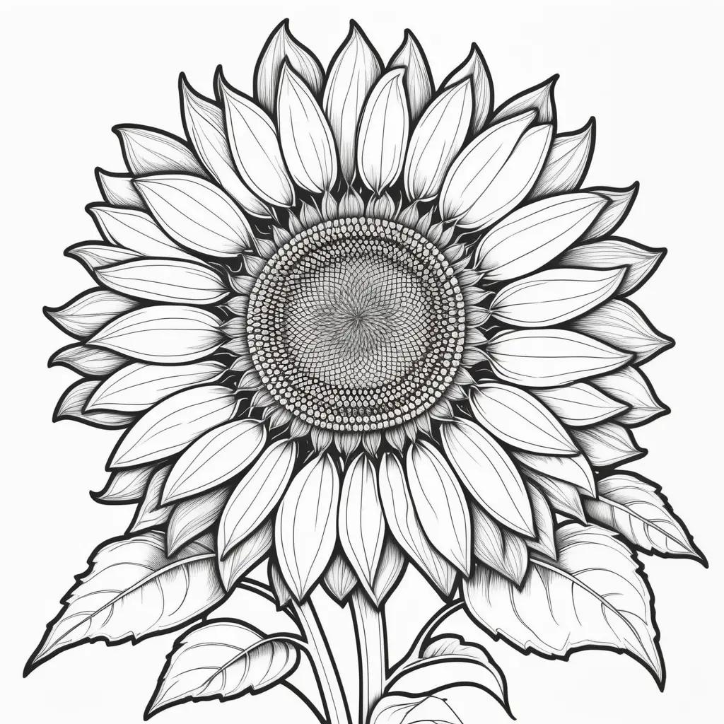 black and white coloring page of a sunflower with intricate details