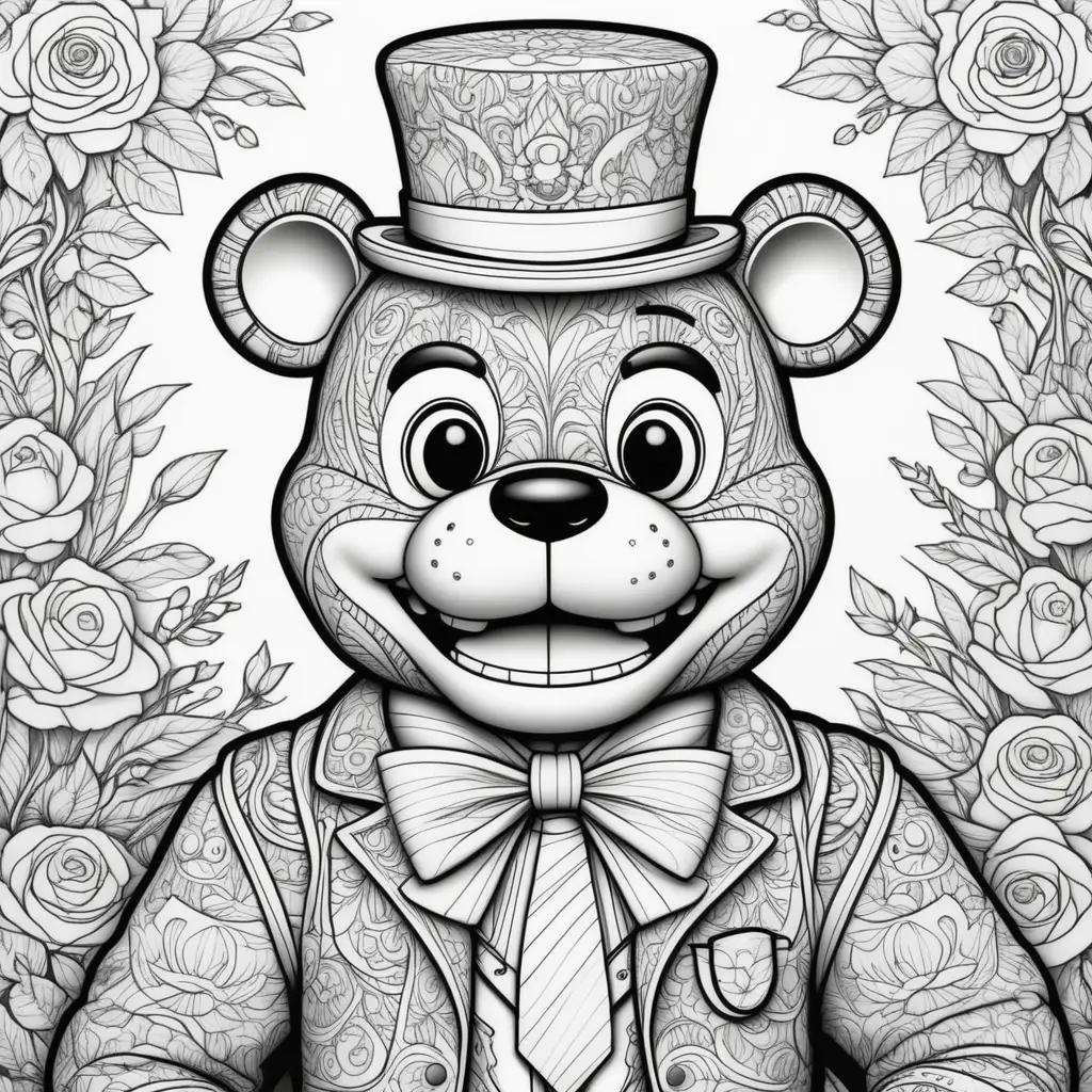 black and white coloring page of a teddy bear with a top hat