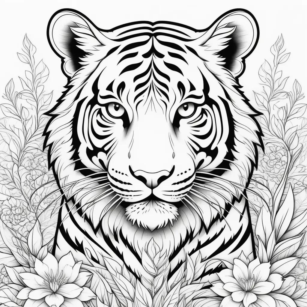 black and white coloring page of a tiger in a floral background