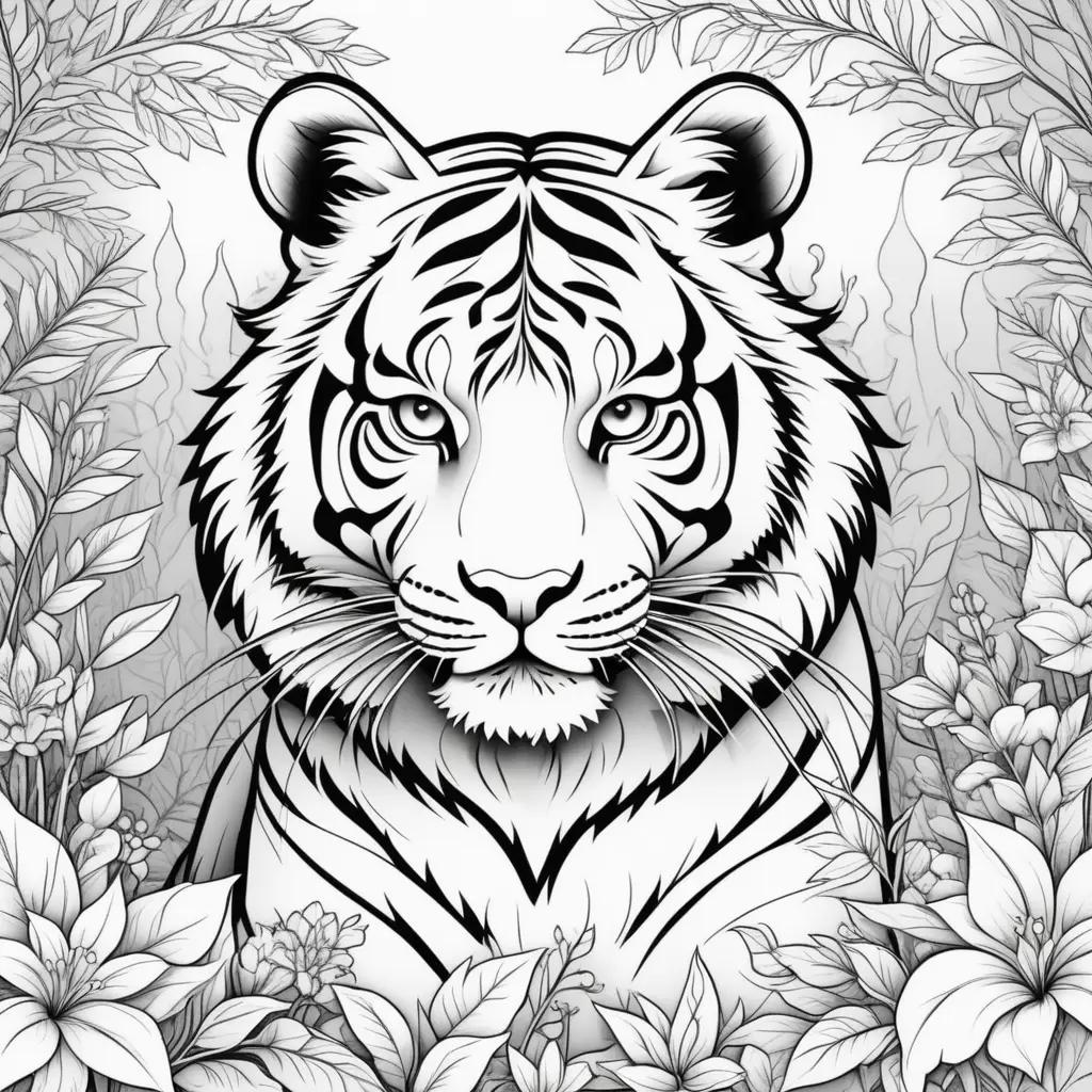 black and white coloring page of a tiger surrounded by flowers