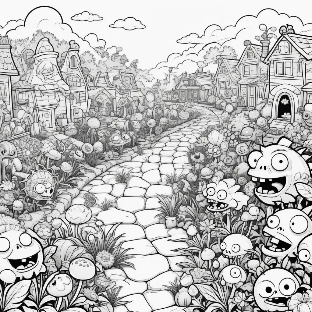 black and white coloring page of a town with plants vs zombies