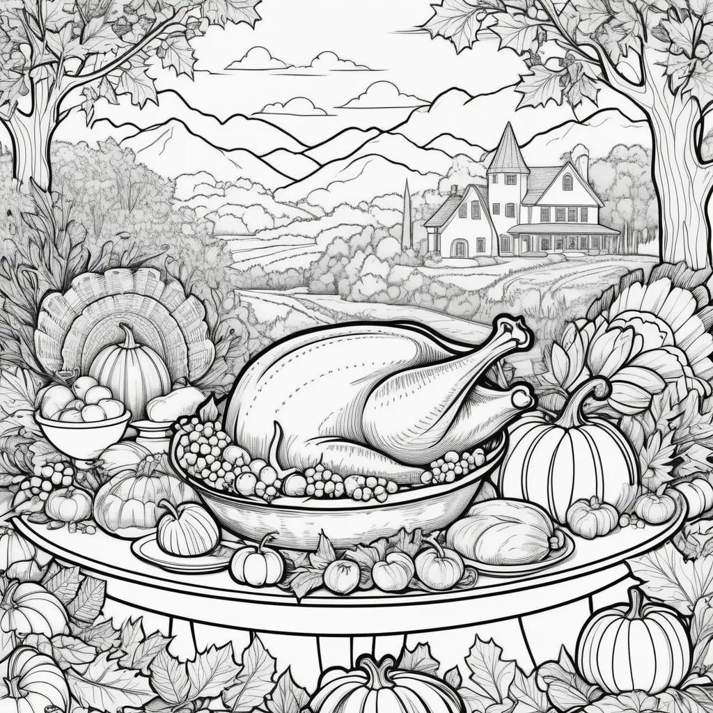 black and white coloring page of a turkey and pumpkins