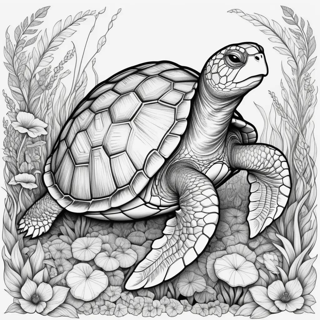 black and white coloring page of a turtle in a field of flowers