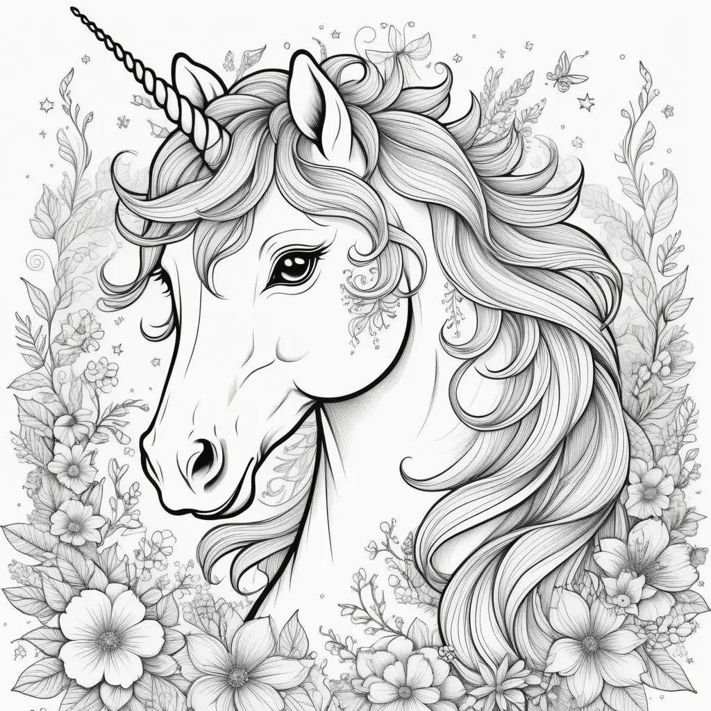 black and white coloring page of a unicorn surrounded by flowers