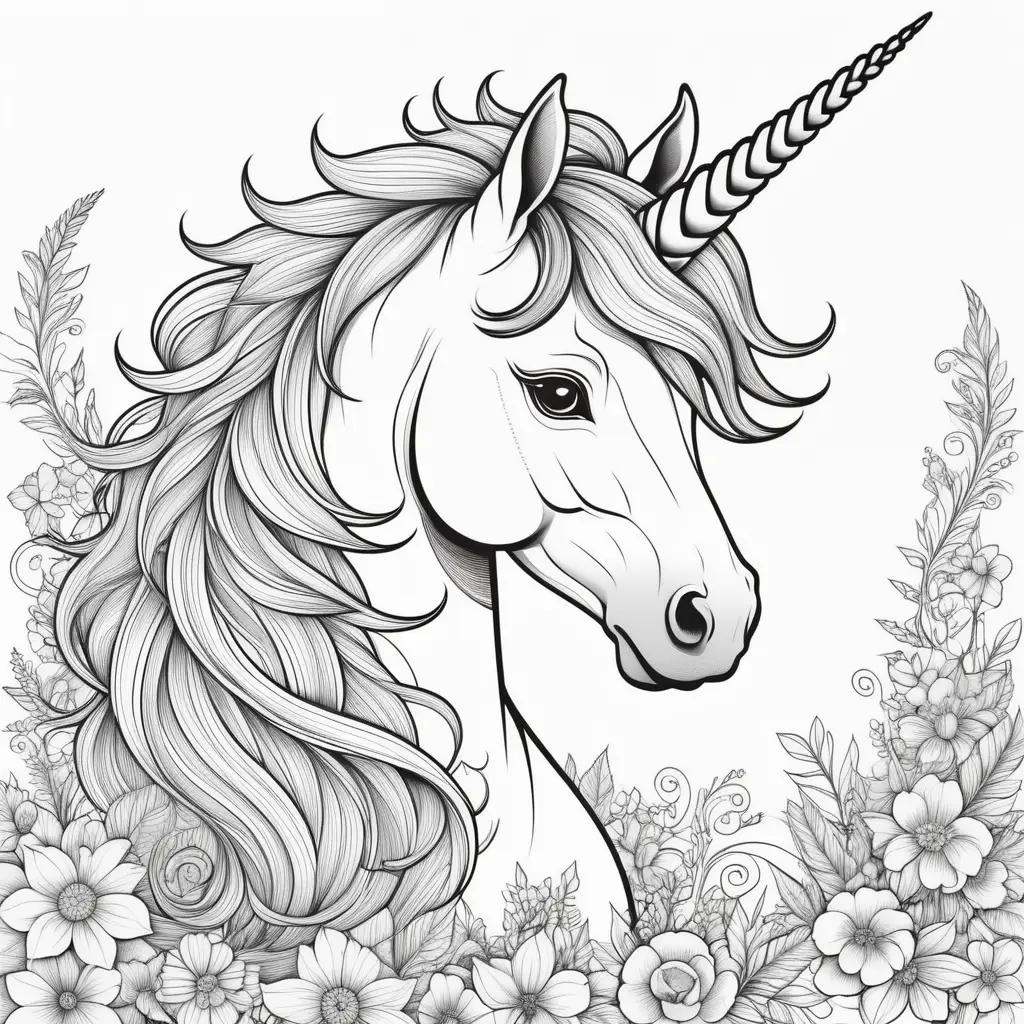 black and white coloring page of a unicorn with flower decorations