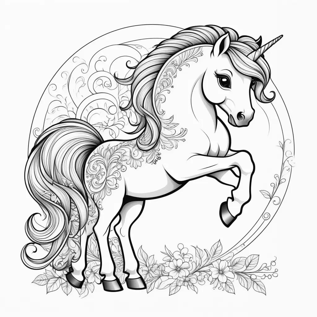 black and white coloring page of a unicorn with flowers