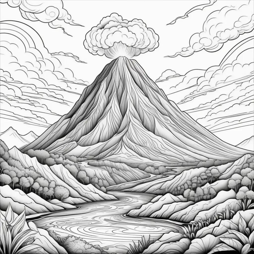 black and white coloring page of a volcano