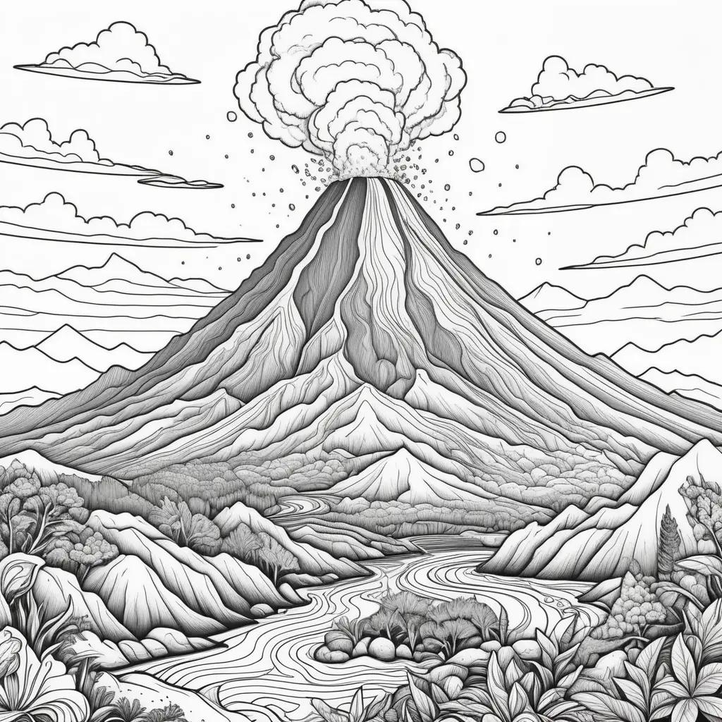 black and white coloring page of a volcano