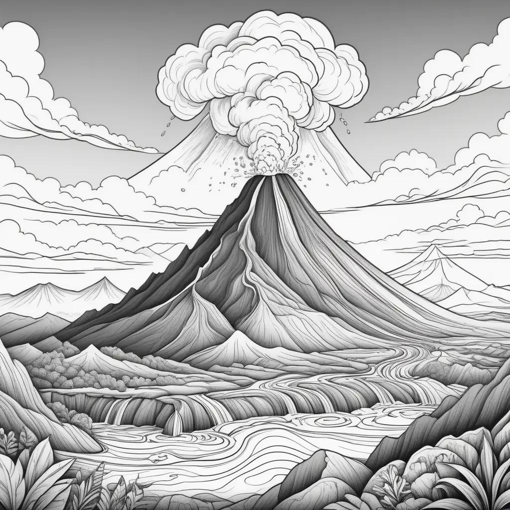 black and white coloring page of a volcano