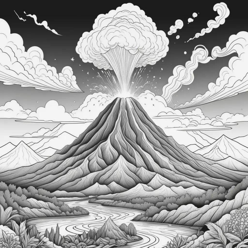 black and white coloring page of a volcano with clouds