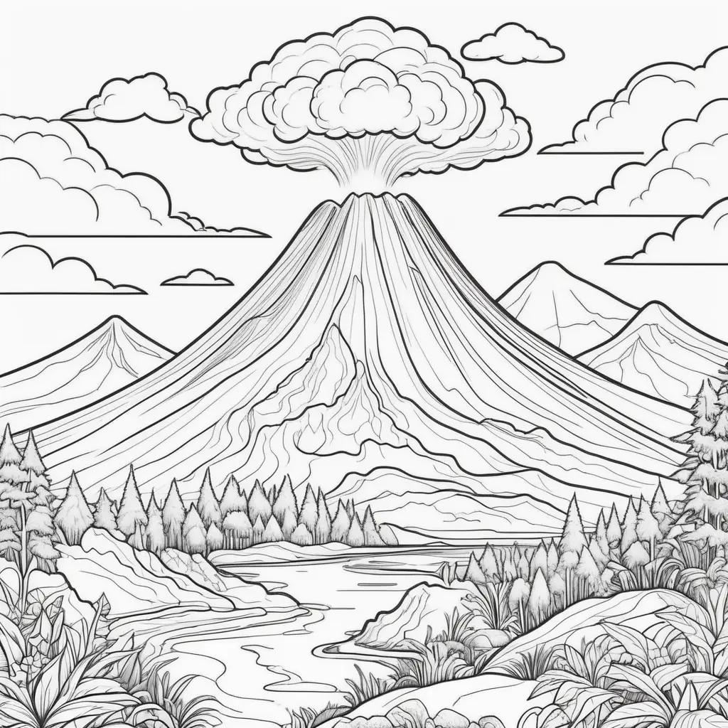 木々と雲のある火山の白黒ぬりえ