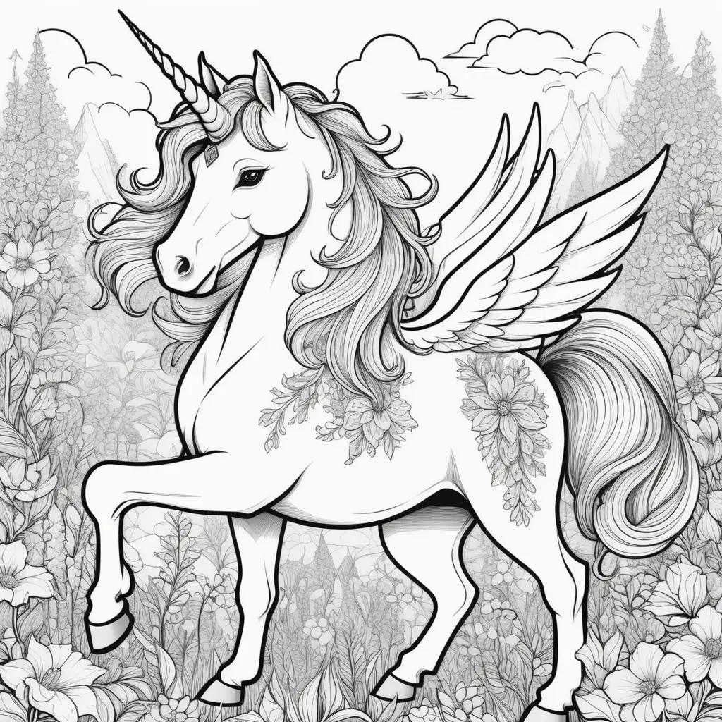 black and white coloring page of a winged unicorn in a field