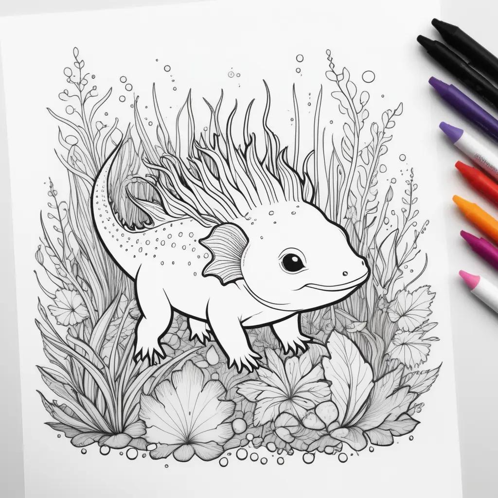 black and white coloring page of an axolotl in a sea of plants