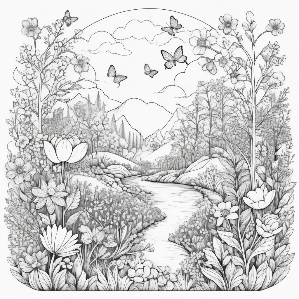 black and white coloring page of flowers and butterflies in a spring landscape