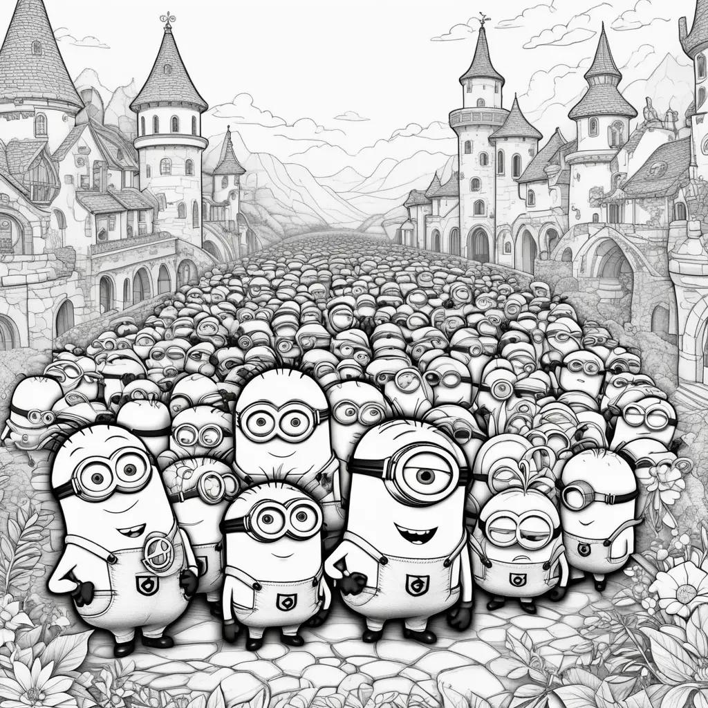 black and white coloring page of minions with castle background