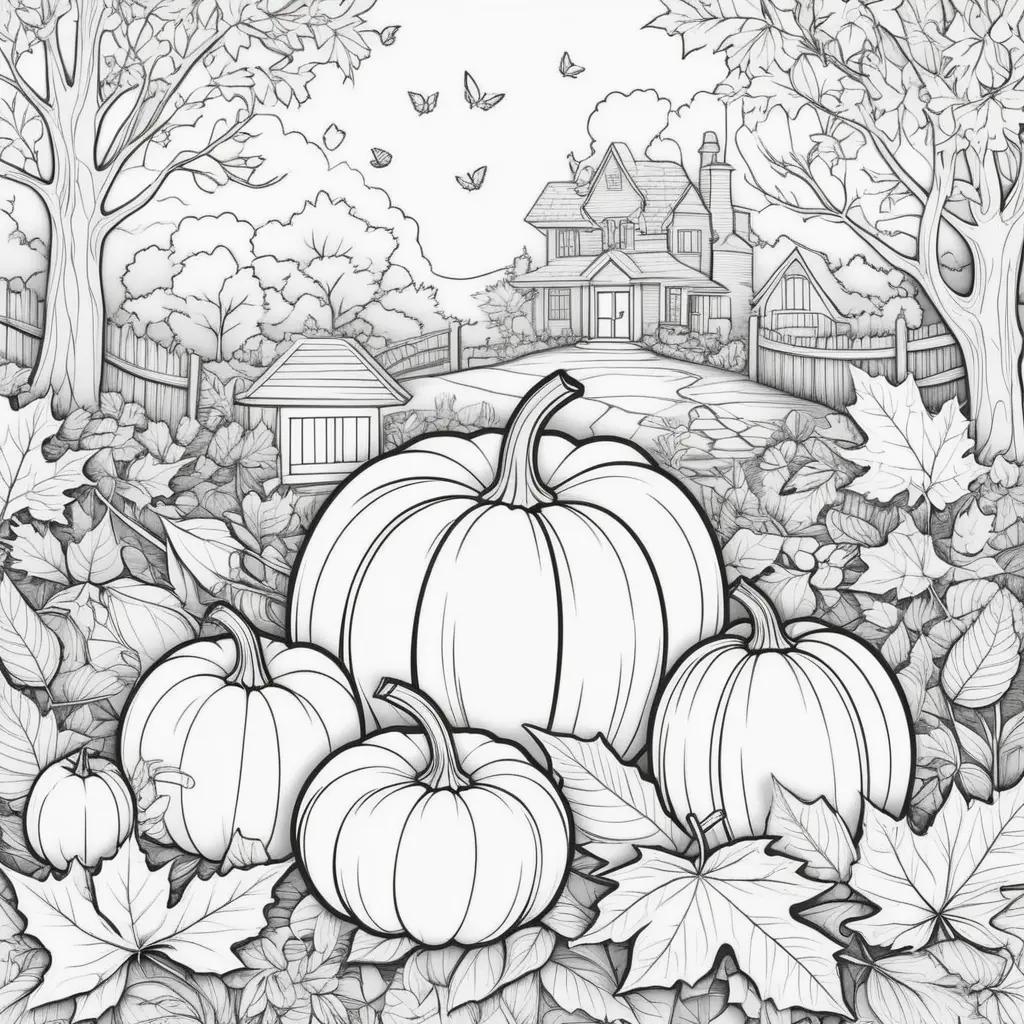 black and white coloring page of pumpkins and leaves with a house in the background