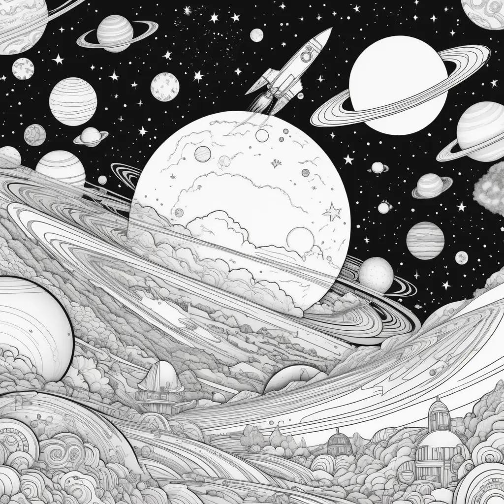 black and white coloring page of space with planets and a rocket