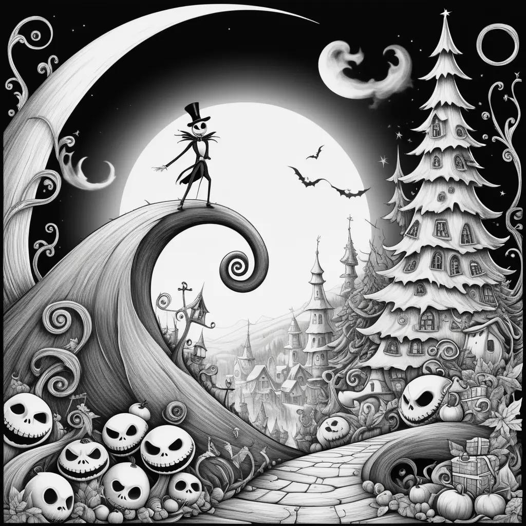 black and white coloring page of the Nightmare Before Christmas