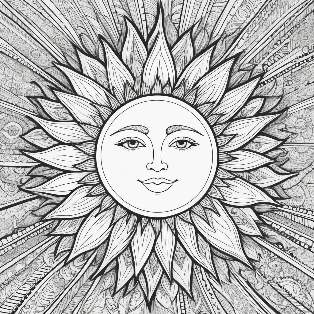 black and white coloring page of the sun with a smiling face