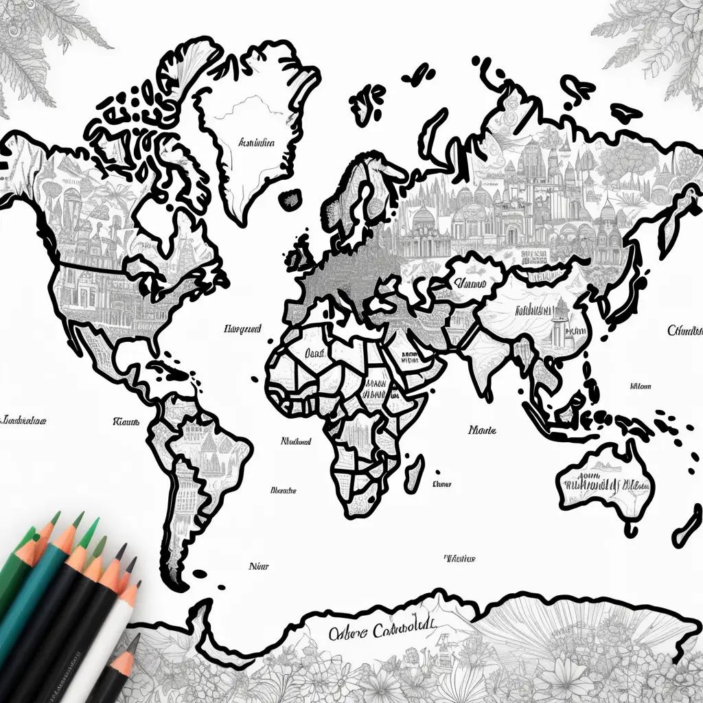 black and white coloring page of the world map