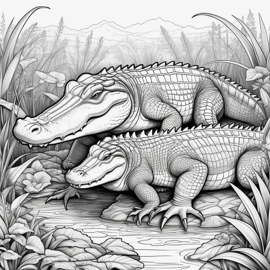 black and white coloring page of two alligators