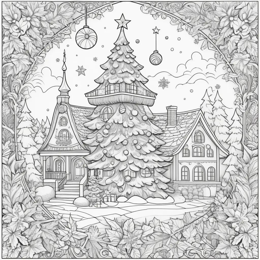 black and white coloring page with a Christmas tree and houses