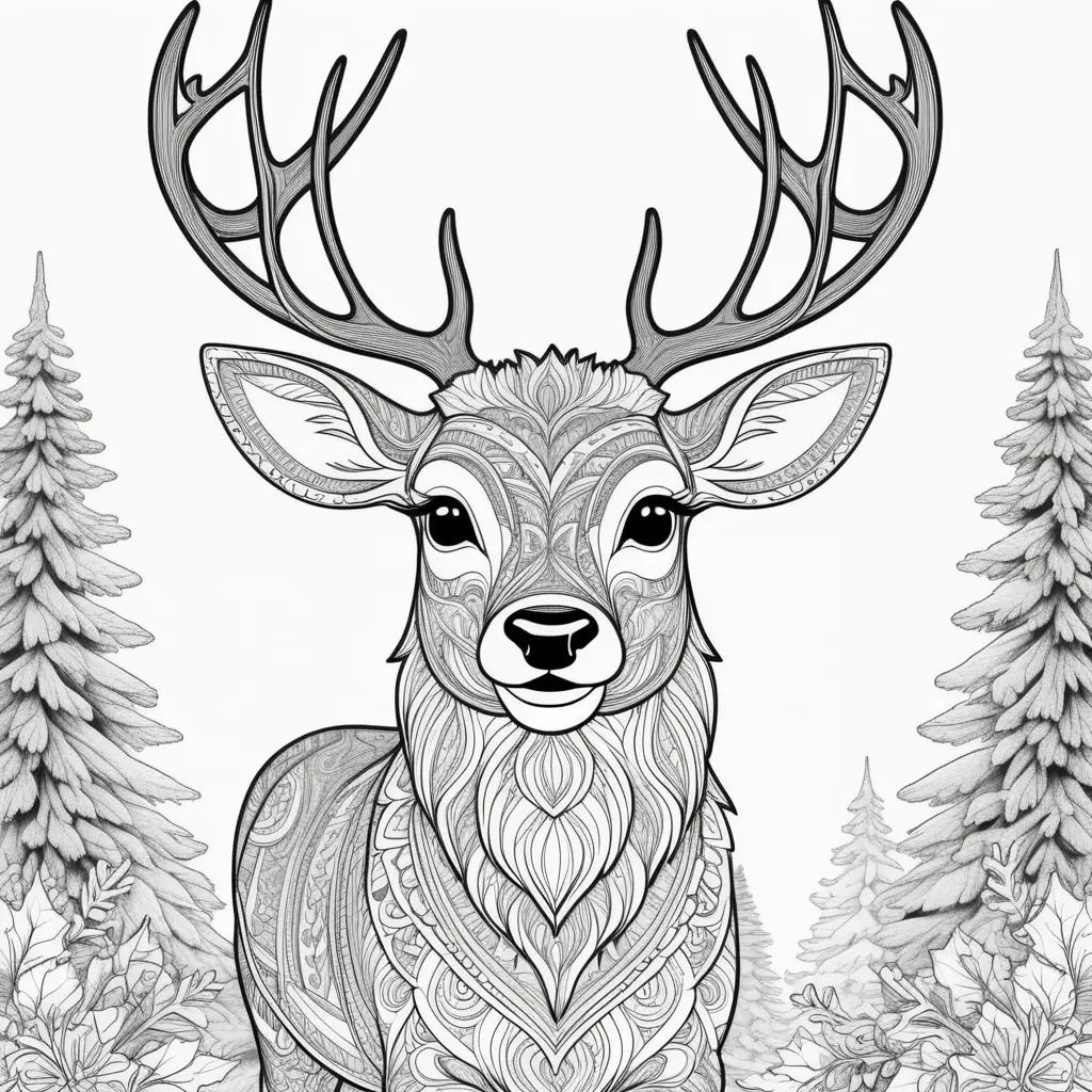 black and white coloring page with a deer and a Christmas tree