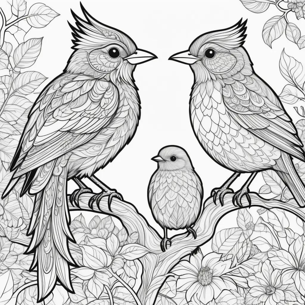 black and white coloring page with birds on it