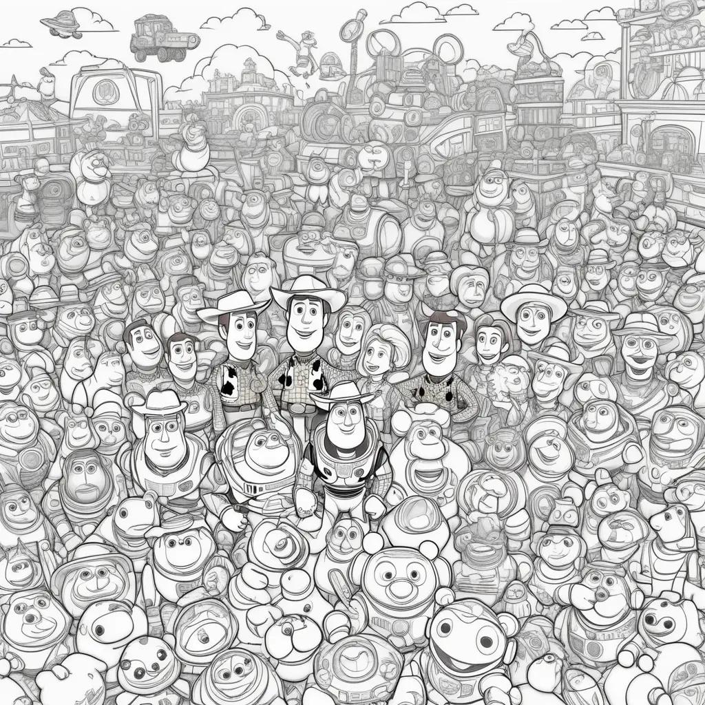 black and white coloring page with characters from Toy Story