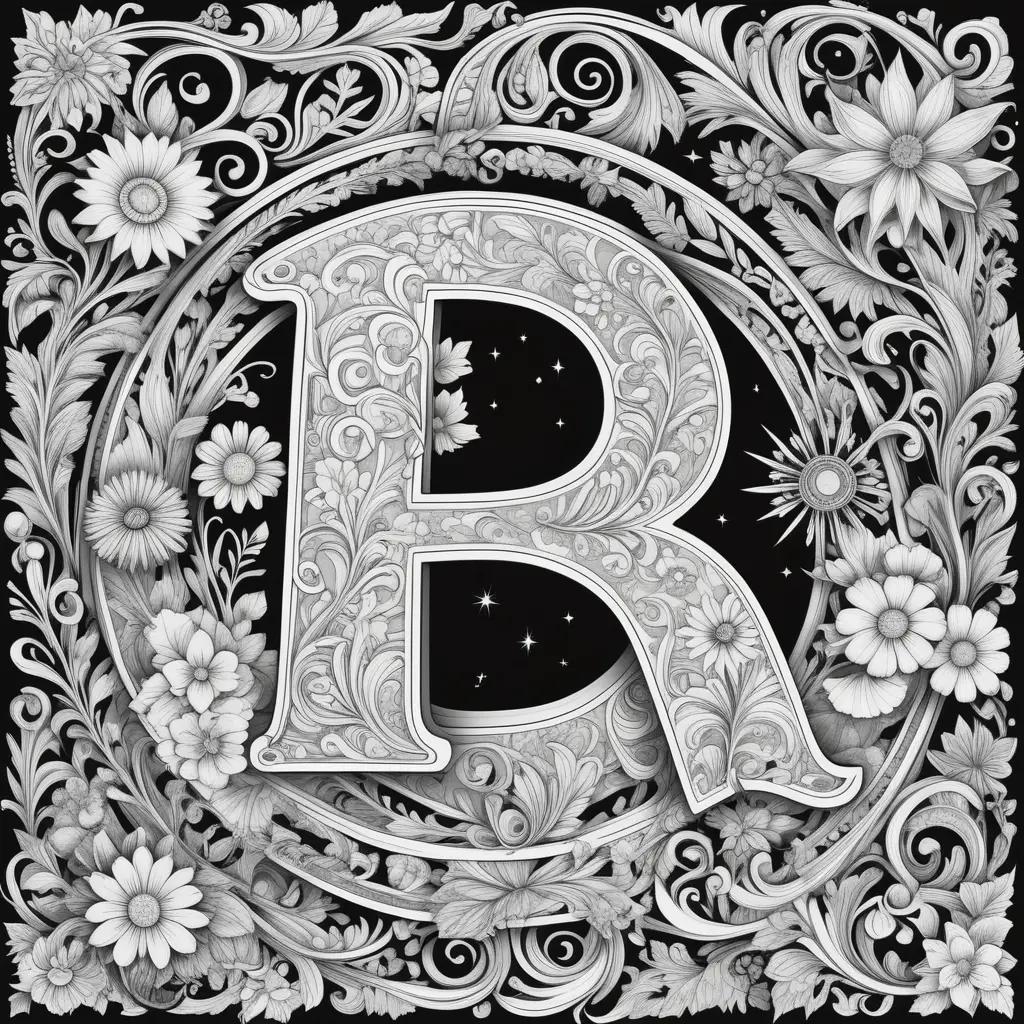 black and white coloring page with the letter R and flowers