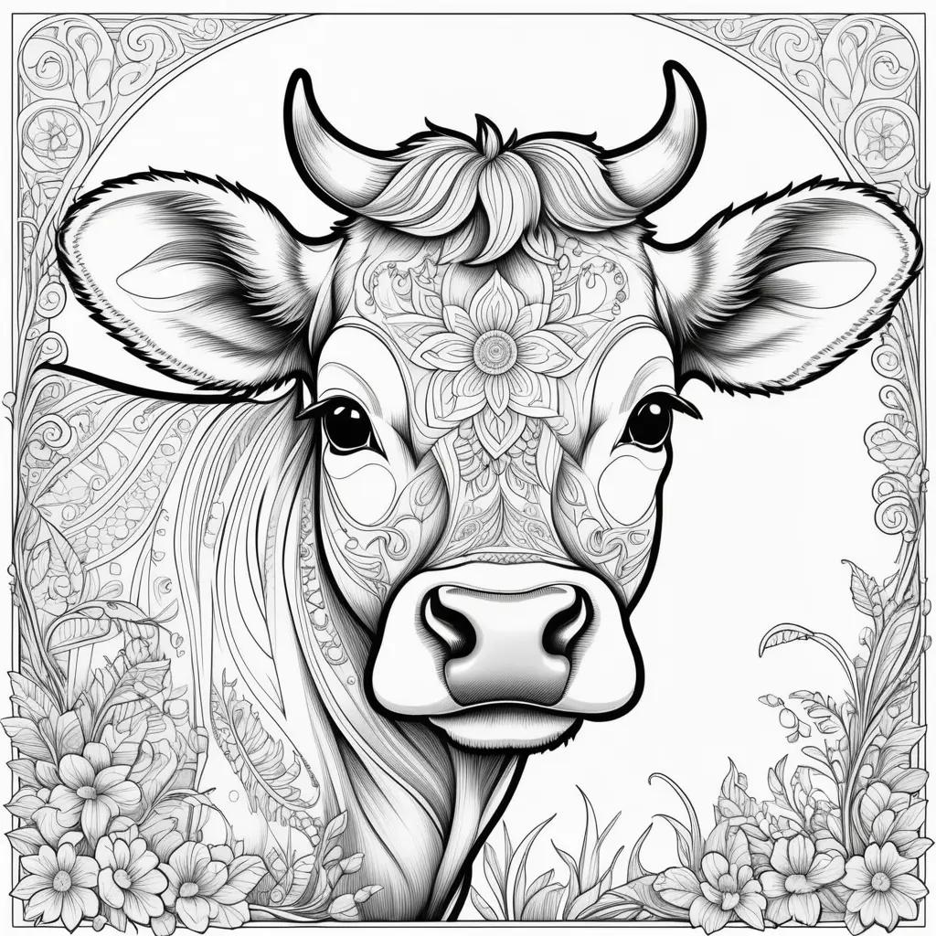 black and white cow coloring page with intricate designs